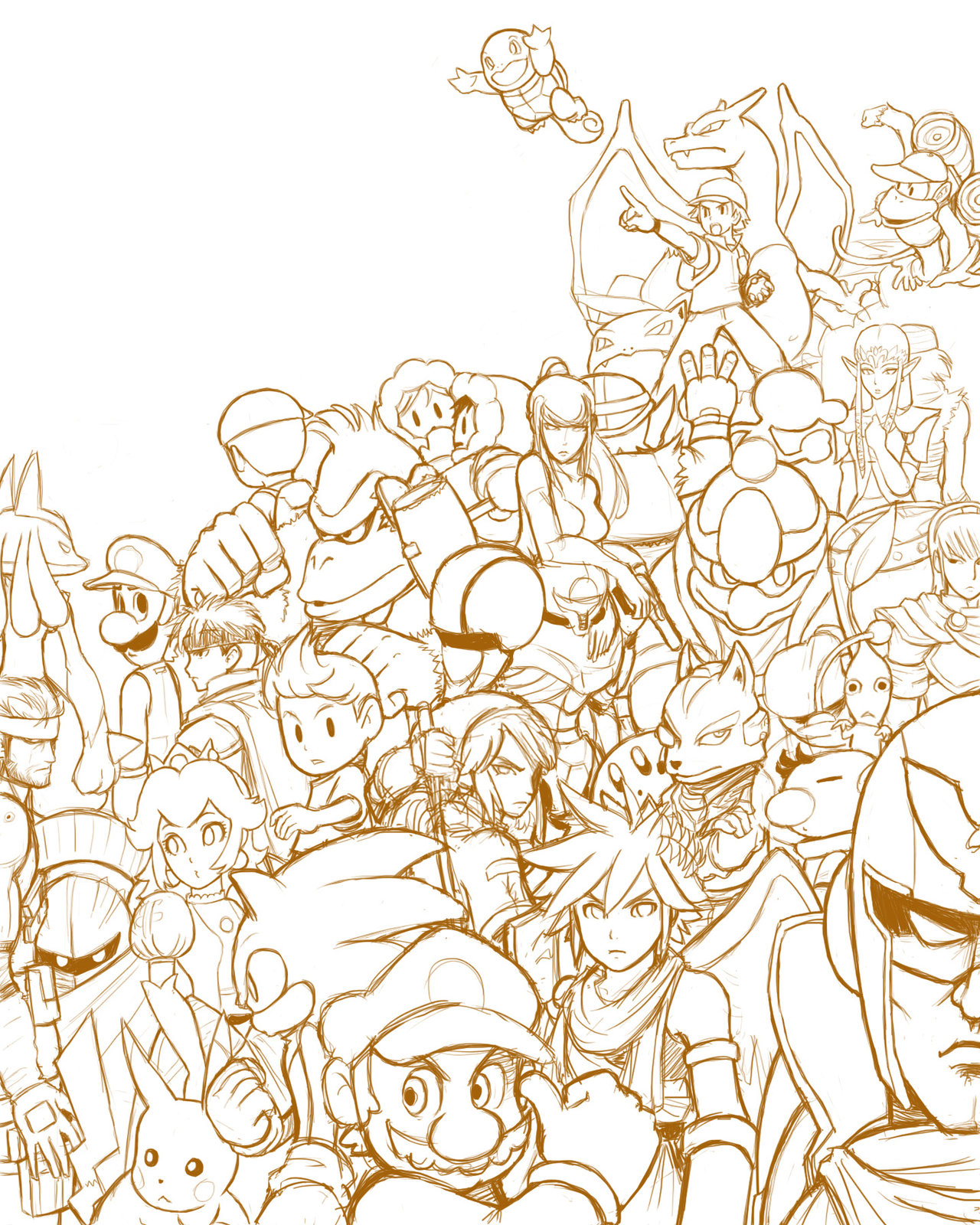 bonus-kun (artist), captain falcon, charizard, diddy kong, donkey kong, fox mccloud, ganondorf, ice climbers, ike (fire emblem), ivysaur, king dedede, kirby, link, lucario, lucas (mother 3), luigi, mario, marth (fire emblem), meta knight, mr. game & watch, nana (ice climber), ness (mother 2), olimar, pikachu, pit (kid icarus), popo (ice climber), princess peach, princess zelda, red (pokemon), red (pokemon frlg), samus aran, sheik, solid snake, sonic the hedgehog, squirtle, wario, donkey kong (series), f-zero, fire emblem, fire emblem: mystery of the emblem, fire emblem: path of radiance, game & watch, ice climber, kid icarus, kirby (series), mario (series), metal gear (series), metal gear solid, metroid, mother (series), mother 2, mother 3, nintendo, pikmin (series), pokemon, pokemon frlg, sonic (series), star fox, super smash bros., the legend of zelda, warioware, highres, image sample, 00s, 4girls, 6+boys, brown theme, child, dual persona, everyone, gen 1 pokemon, gen 4 pokemon, holding, holding poke ball, monkey, monochrome, multiple boys, multiple girls, pikmin (creature), poke ball, pokemon (creature), power suit (metroid), sketch, varia suit, zero suit