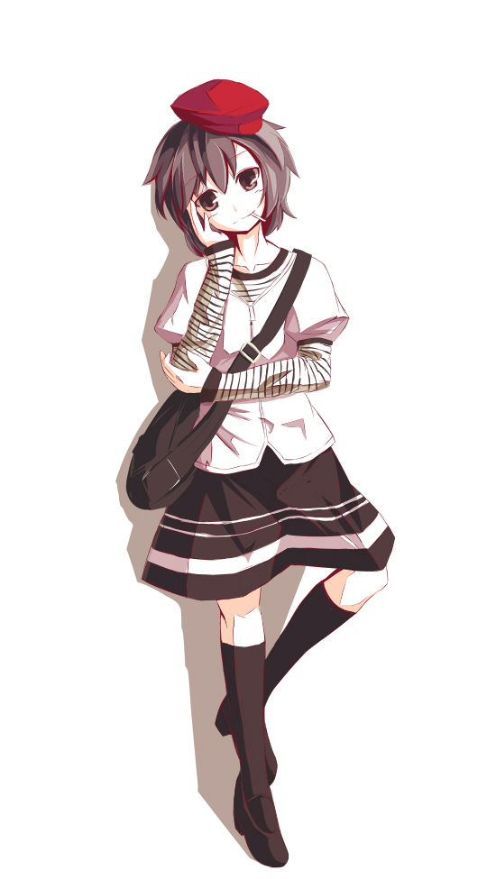karisuwaya, shameimaru aya, touhou, striped, bad id, bad pixiv id, 1girl, alternate costume, bag, beret, casual, cigarette, contemporary, fashion, female focus, full body, hat, kneehighs, layered sleeves, loafers, long sleeves, satchel, shoes, short over long sleeves, short sleeves, simple background, skirt, socks, solo, streetwear, white background