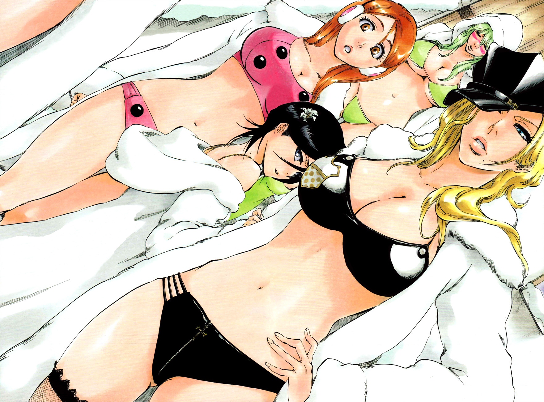 kubo tite, inoue orihime, kuchiki rukia, matsumoto rangiku, nelliel tu odelschwanck, bleach, cleaned, highres, official art, 00s, 4girls, arrancar, bikini, black hair, blonde hair, blue eyes, breasts, cleavage, coat, comic, crotch zipper, facial mark, fishnets, flower, fur coat, green eyes, green hair, hat, hollow (bleach), large breasts, lips, long hair, midriff, mole, mole under mouth, multiple girls, navel, number tattoo, orange hair, peaked cap, swimsuit, tattoo, thighhighs, zipper