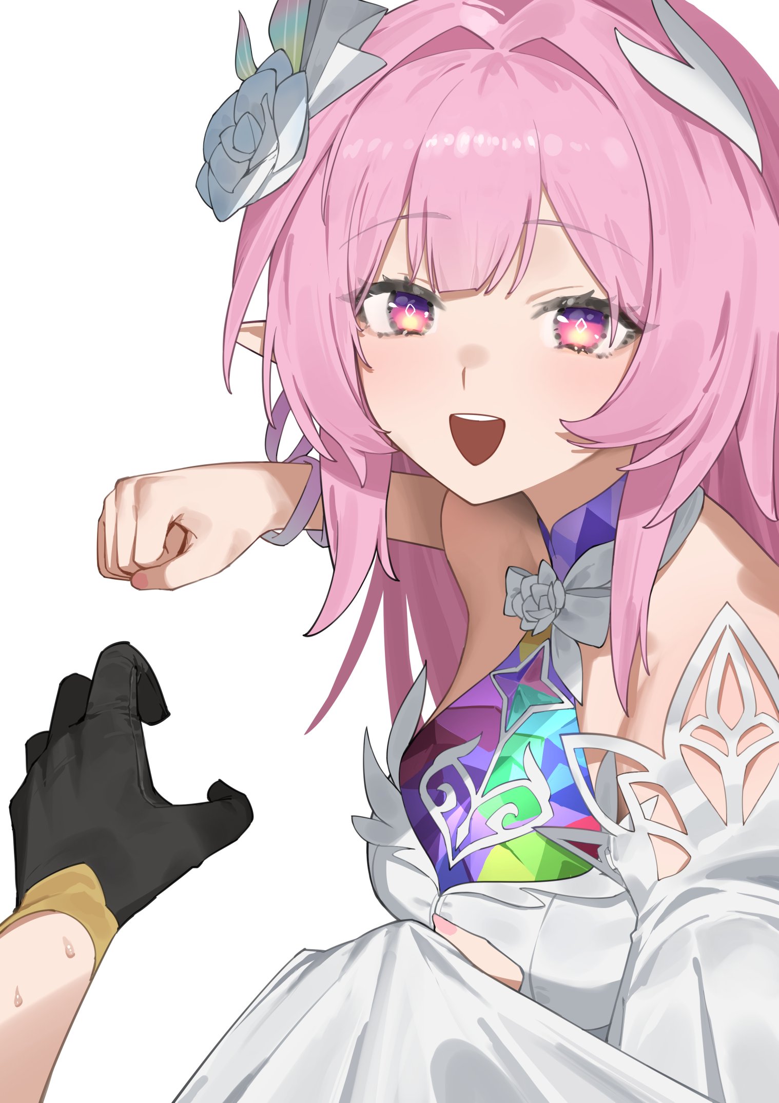 flasso, cyrene (honkai: star rail), cyrene (ripples of past reverie) (honkai: star rail), stelle (honkai: star rail), trailblazer (honkai: star rail), honkai: star rail, honkai (series), highres, 2girls, :d, clenched hand, dress, flower, hair flower, hair ornament, long hair, looking at viewer, multiple girls, open mouth, pink hair, purple eyes, rose, simple background, smile, solo focus, upper body, white background, white dress, white flower, white rose