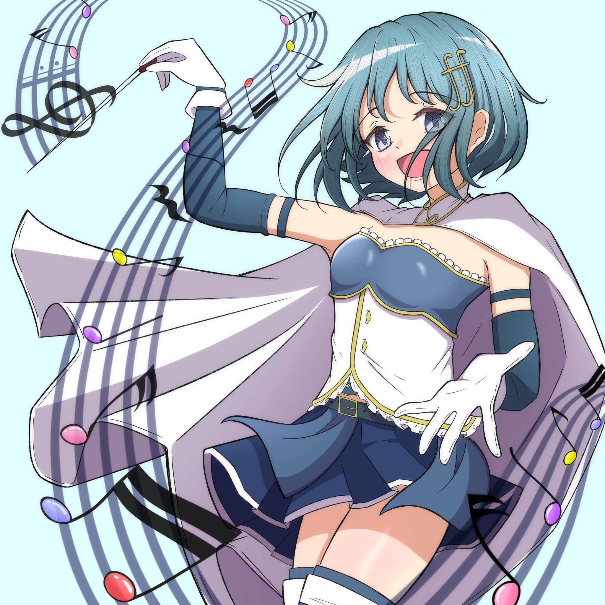 reno 3tomato, miki sayaka, miki sayaka (magical girl), mahou shoujo madoka magica, mahou shoujo madoka magica (anime), commentary request, highres, 1girl, belt, blue background, blue hair, blush, conductor baton, elbow gloves, frilled shirt, frills, gloves, grey eyes, hair ornament, looking at viewer, magical girl, miniskirt, musical note, musical staff, open mouth, shirt, short hair, skirt, smile, solo, strapless, strapless shirt, thighhighs