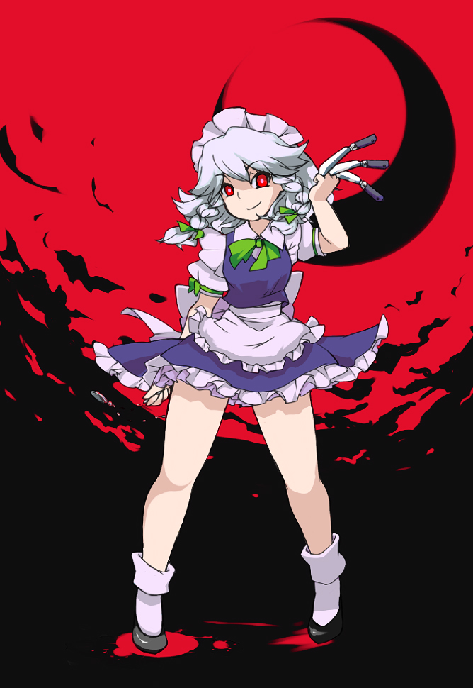 noko351, izayoi sakuya, touhou, silver hair, 1girl, braid, dress, female focus, full body, hairband, knife, maid, outdoors, red eyes, short hair, sky, solo, thick thighs, thighs, throwing knife, twin braids, weapon