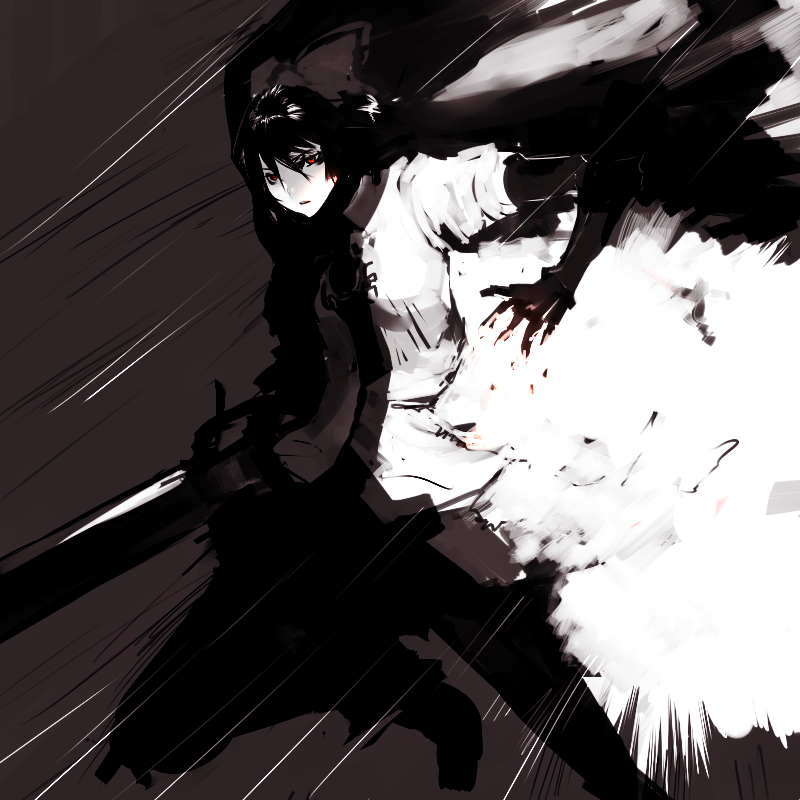 un-known (ninesix), reiuji utsuho, touhou, bad id, bad pixiv id, 1girl, female focus, fire, monochrome, red eyes, solo, spot color, wings