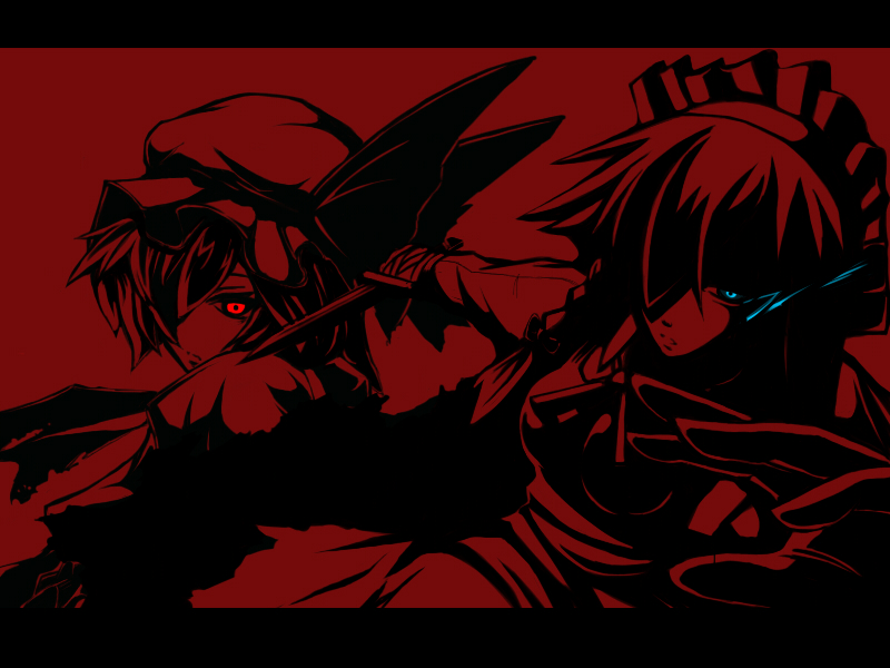 nahu, izayoi sakuya, remilia scarlet, touhou, bad id, bad pixiv id, 2girls, blue eyes, female focus, glaring, glowing, glowing eyes, hat, knife, letterboxed, maid, monochrome, multiple girls, red eyes, spot color, throwing knife, weapon, wings