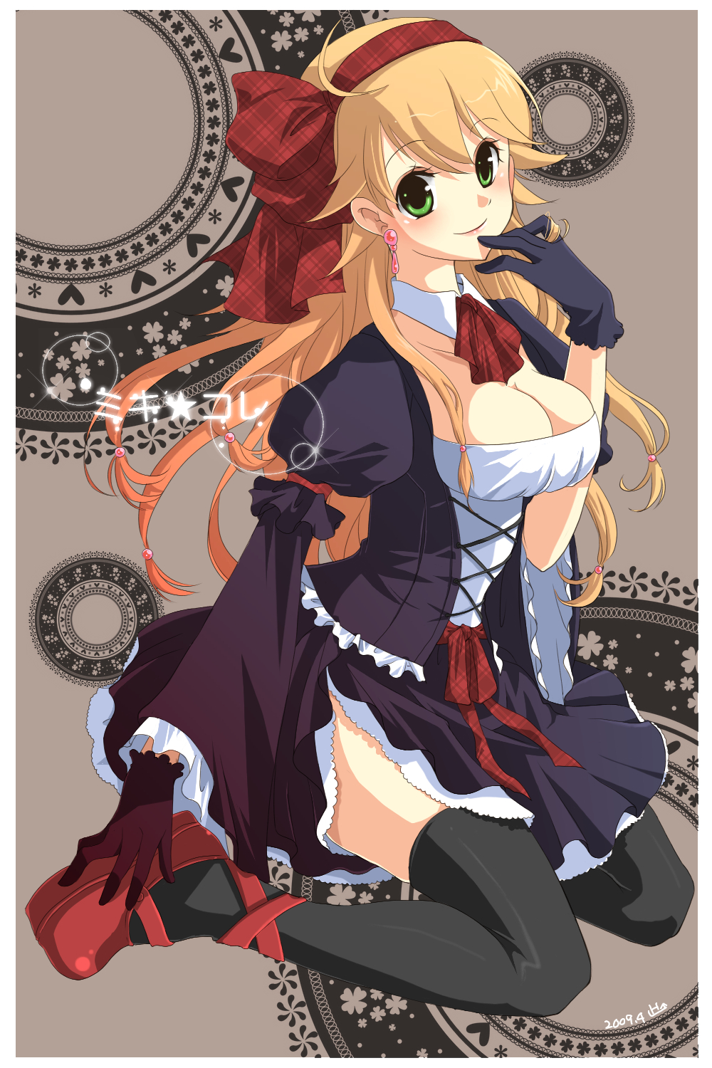 hiiro (kikokico), kicokico0719, kiko, hoshii miki, idolmaster, idolmaster (classic), idolmaster 1, platform footwear, bad id, bad pixiv id, highres, 00s, 1girl, blonde hair, breasts, cleavage, female focus, gloves, green eyes, large breasts, long hair, smile, solo, thighhighs, zettai ryouiki