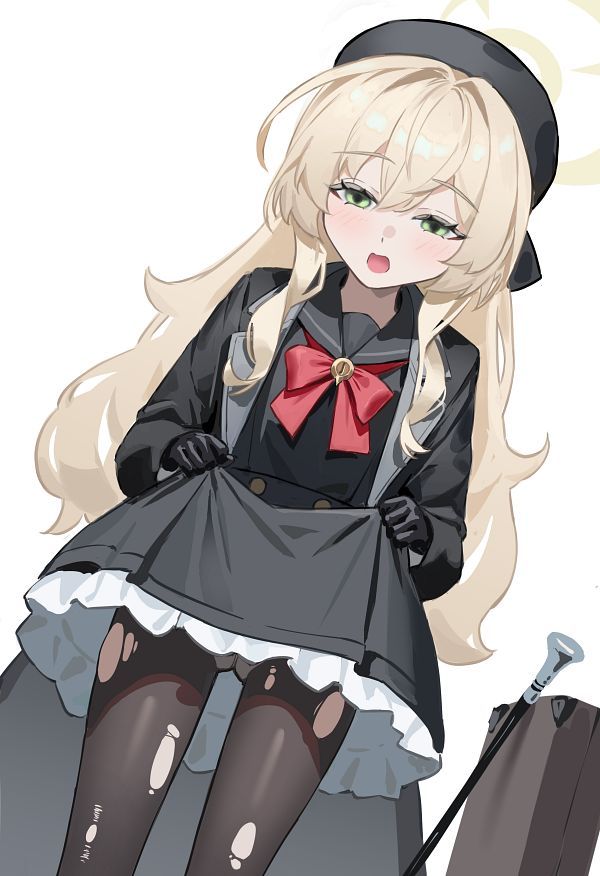 blue archive, 1girl, blonde hair, formal clothes, long hair, looking at viewer, niyaniya (blue archive), open mouth, school uniform, suit, upper body, white background