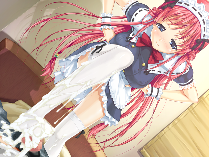happoubi jin, orifushi akina, shiki haruomi, kanojo x kanojo x kanojo, game cg, 1boy, 1girl, blue eyes, braid, breasts, censored, cum, cum on body, cum on feet, cum on lower body, feet, femdom, footjob, footjob with legwear, hetero, large breasts, long hair, maid, mosaic censoring, naughty face, no shoes, penis, pink hair, pov, ribbon, smile, standing, thighhighs