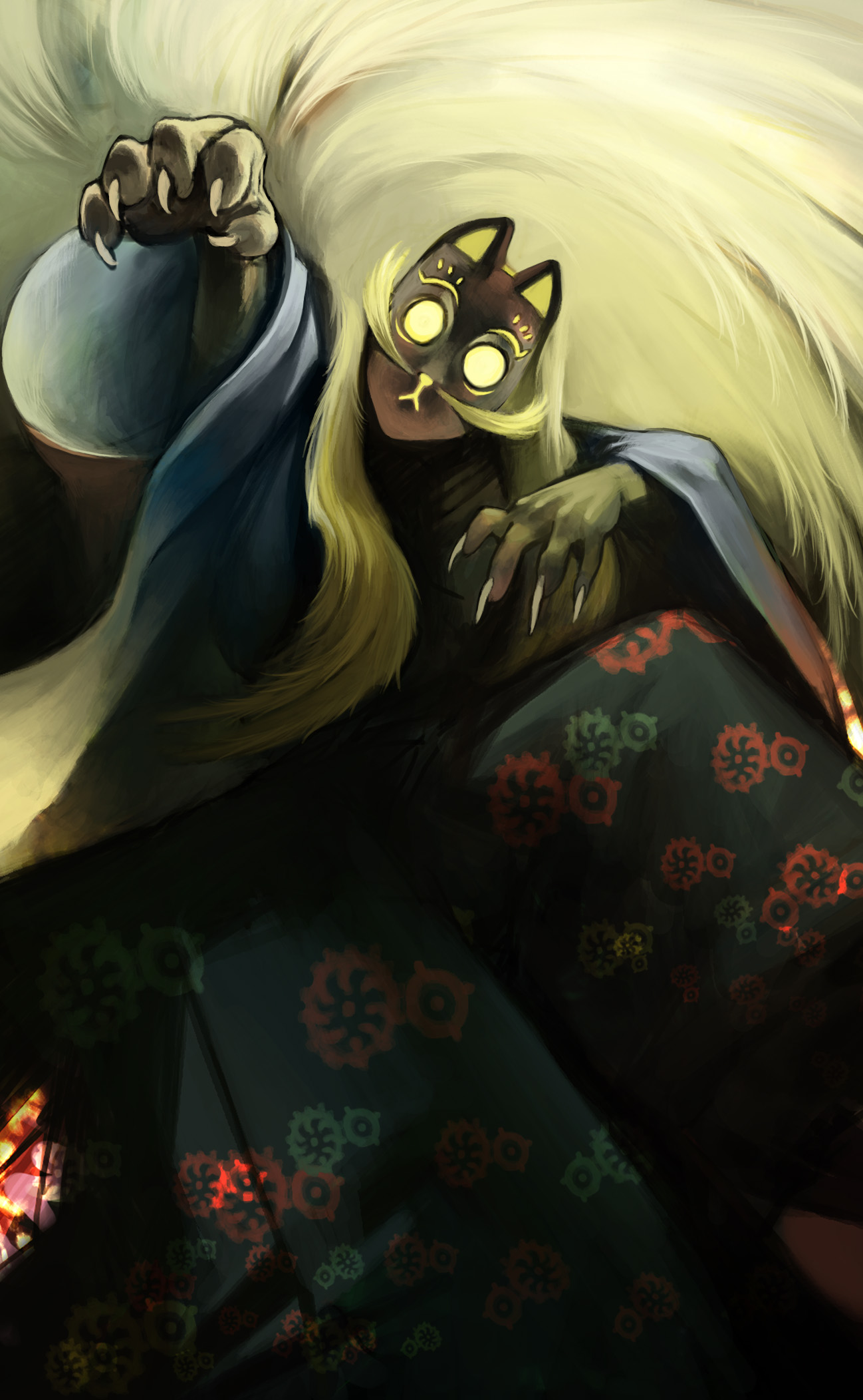 fjordtrotter, original, bad id, bad pixiv id, highres, animal ears, blonde hair, claws, japanese clothes, kimono, mask, solo