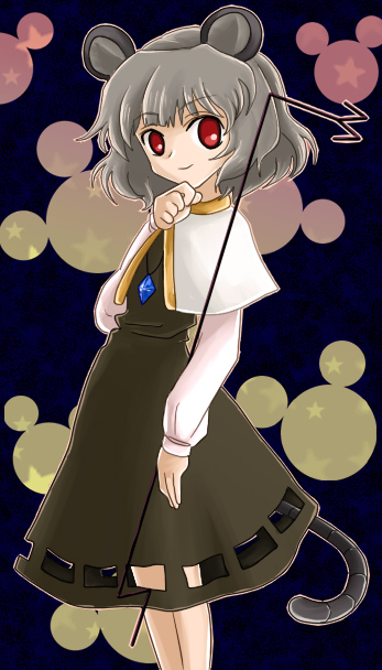 shima (pixiv), mickey mouse, nazrin, disney, touhou, 1girl, animal ears, female focus, grey hair, jewelry, mouse ears, mouse tail, pendant, short hair, solo, tail