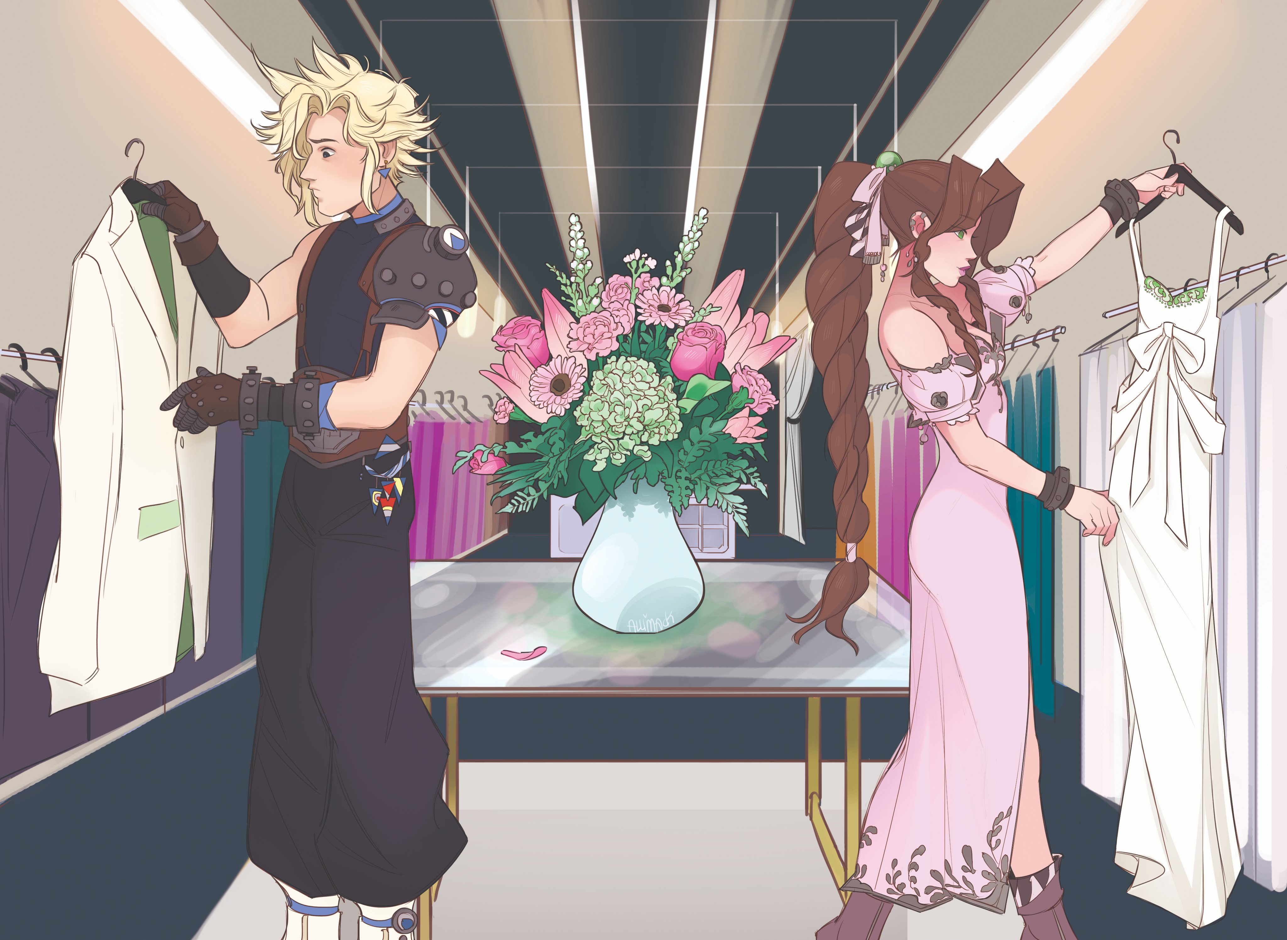 skirtzzz, aerith gainsborough, cloud strife, dissidia final fantasy, final fantasy, final fantasy vii, absurdres, highres, 1boy, 1girl, armor, armored gloves, baggy pants, bangle, bare shoulders, belt, black pants, black shirt, blonde hair, boots, bracelet, braid, braided ponytail, breasts, brown belt, brown boots, brown gloves, brown hair, couple, dress, earrings, feet out of frame, flower, gloves, green eyes, hair bobbles, hair ornament, hair ribbon, hetero, indoors, jacket, jewelry, long dress, long hair, materia, medium breasts, official alternate costume, pants, parted bangs, pauldrons, pink dress, pink flower, pink ribbon, pink rose, pink tulip, puffy short sleeves, puffy sleeves, ribbon, rose, shirt, shopping, short hair, short sleeves, shoulder armor, sidelocks, silver trim, single bare shoulder, single braid, single earring, single pauldron, sleeveless, sleeveless turtleneck, spiked hair, suit jacket, suspenders, table, tulip, turtleneck, vase, wedding dress, white boots, white dress, white jacket