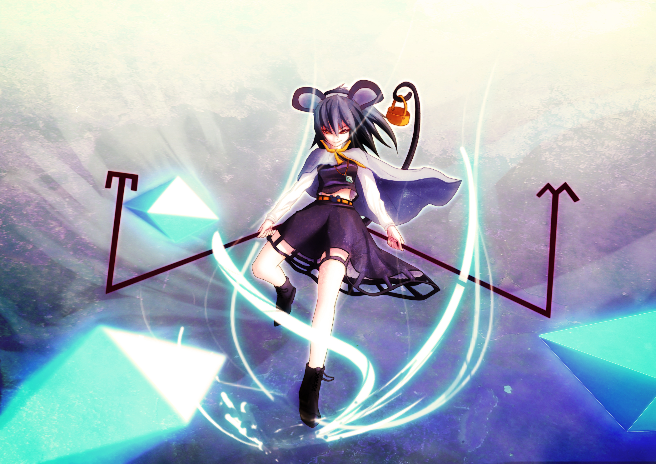 kasoku sato, nazrin, touhou, bad id, bad pixiv id, highres, 1girl, animal ears, basket, belt, bucket, cape, dowsing rod, female focus, full body, grey hair, grin, jewelry, leg up, midriff, mouse ears, mouse tail, necklace, pendulum, red eyes, short hair, skirt, smile, solo, tail