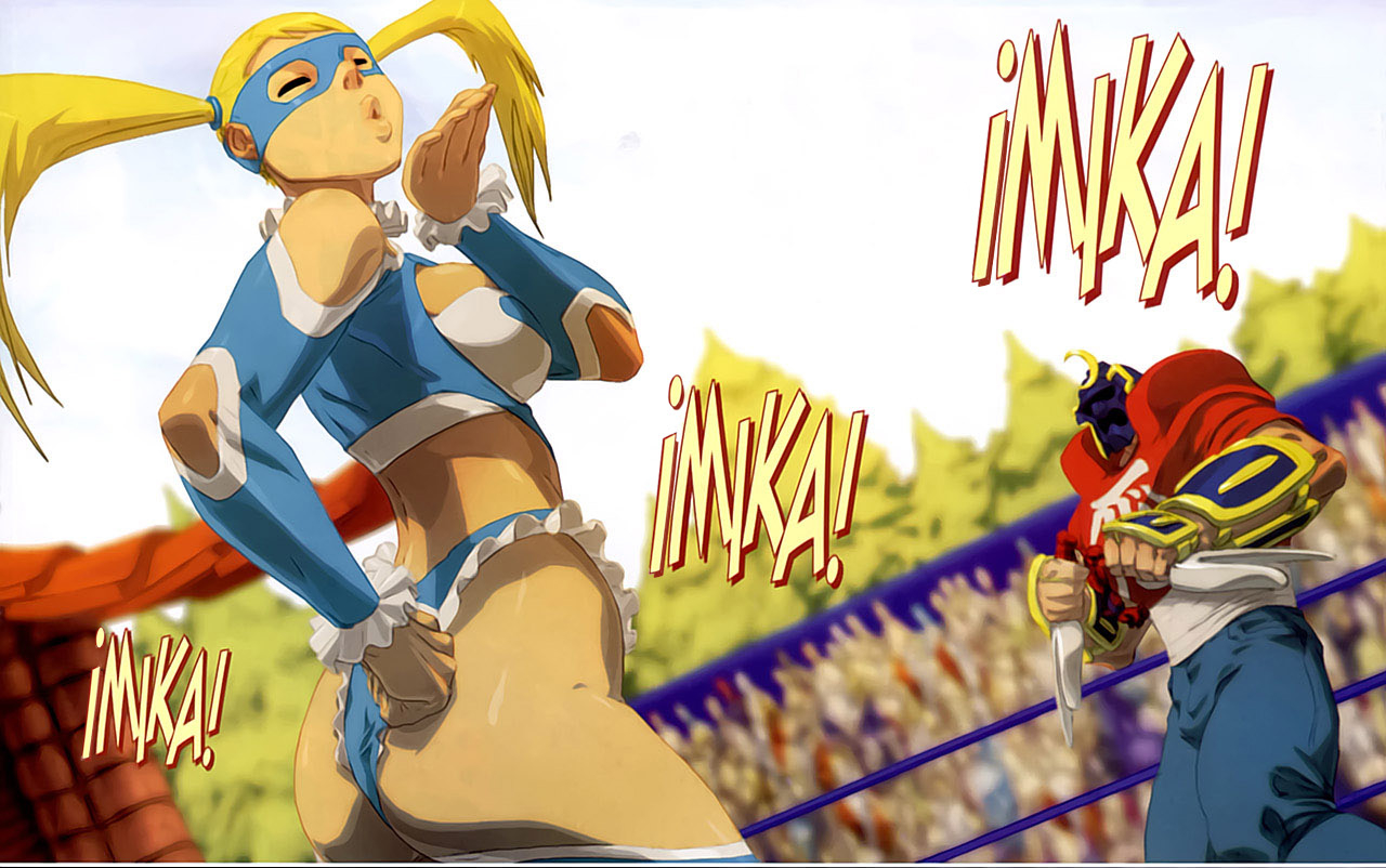rainbow mika, sodom, capcom, final fight, street fighter, street fighter zero (series), 1990s (style), arena, blonde hair, blowing kiss, retro artstyle, wrestling ring