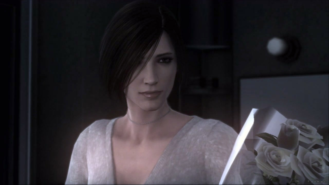 rose (metal gear solid), metal gear (series), metal gear solid 4: guns of the patriots, official art, 1girl, 3d, black hair, bouquet, female focus, flower, hair over one eye, jewelry, necklace, rose, solo, white flower, white rose