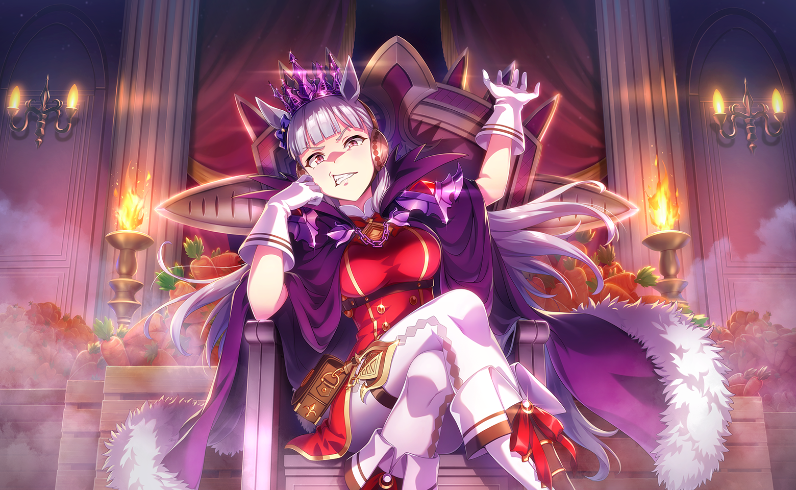 gold ship (that time i became the strongest) (umamusume), gold ship (umamusume), umamusume, on throne, artist request, game cg, official art, variant set, 1girl, animal ears, annoyed, argyle clothes, argyle pantyhose, armor, belt, belt bag, black belt, blue bow, blunt bangs, boots, bow, breasts, brown belt, buttons, candlestand, cape, carrot, chain, chest belt, clenched teeth, collared cape, crate, crazy eyes, crossed legs, crown, curtains, dress, ear bow, earmuffs, eyelashes, feet out of frame, fire, footwear bow, fur-trimmed cape, fur trim, gloves, gold buttons, grey hair, half-closed eye, hand on own cheek, hand on own face, high collar, horse ears, horse girl, indoors, knees, large breasts, long hair, looking at viewer, open mouth, pantyhose, pauldrons, pillar, pink eyes, purple cape, purple crown, red bow, red dress, short dress, shoulder armor, sitting, sitting on throne, smoke, solo, teeth, thigh strap, v-shaped eyebrows, very long hair, white boots, white gloves, white pantyhose