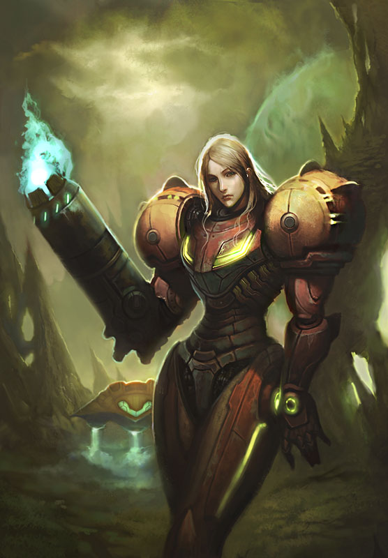 samus aran, metroid, nintendo, arm cannon, armor, blonde hair, gunship, no headwear, power suit (metroid), varia suit, weapon