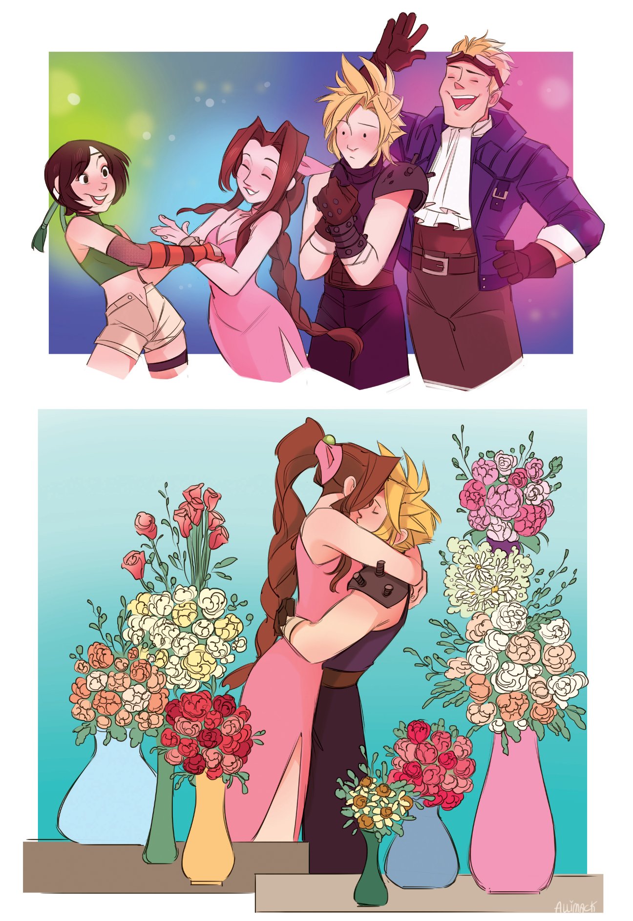 skirtzzz, aerith gainsborough, cid highwind, cloud strife, yuffie kisaragi, final fantasy, final fantasy vii, highres, 2boys, 2girls, aqua background, armor, arms around neck, ascot, aviator goggles, bandaged arm, bandages, bare shoulders, belt, black pants, blue jacket, blue shirt, blush, border, braid, braided ponytail, breasts, brown belt, brown gloves, brown pants, cleavage, closed eyes, couple, cowboy shot, crop top, cropped legs, dress, flower, gloves, goggles, goggles on head, green shirt, grey shorts, hair bobbles, hair ornament, hair ribbon, hetero, holding another's arm, hug, jacket, kiss, long dress, long hair, maid headdress, materia, medium breasts, multiple boys, multiple girls, multiple views, open mouth, orange gloves, pants, parted bangs, parted lips, pauldrons, pink dress, pink flower, pink ribbon, red flower, ribbon, shirt, short hair, shorts, shoulder armor, side slit, sidelocks, single bare shoulder, single braid, single pauldron, sleeveless, sleeveless dress, sleeveless shirt, smile, spiked hair, suspenders, vase, white ascot, white border, yellow flower