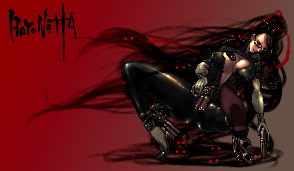 tomotsuka haruomi, bayonetta, bayonetta (series), black hair, bodysuit, glasses, gun, hair bun, high heels, long hair, shoes, single hair bun, very long hair, weapon, witch