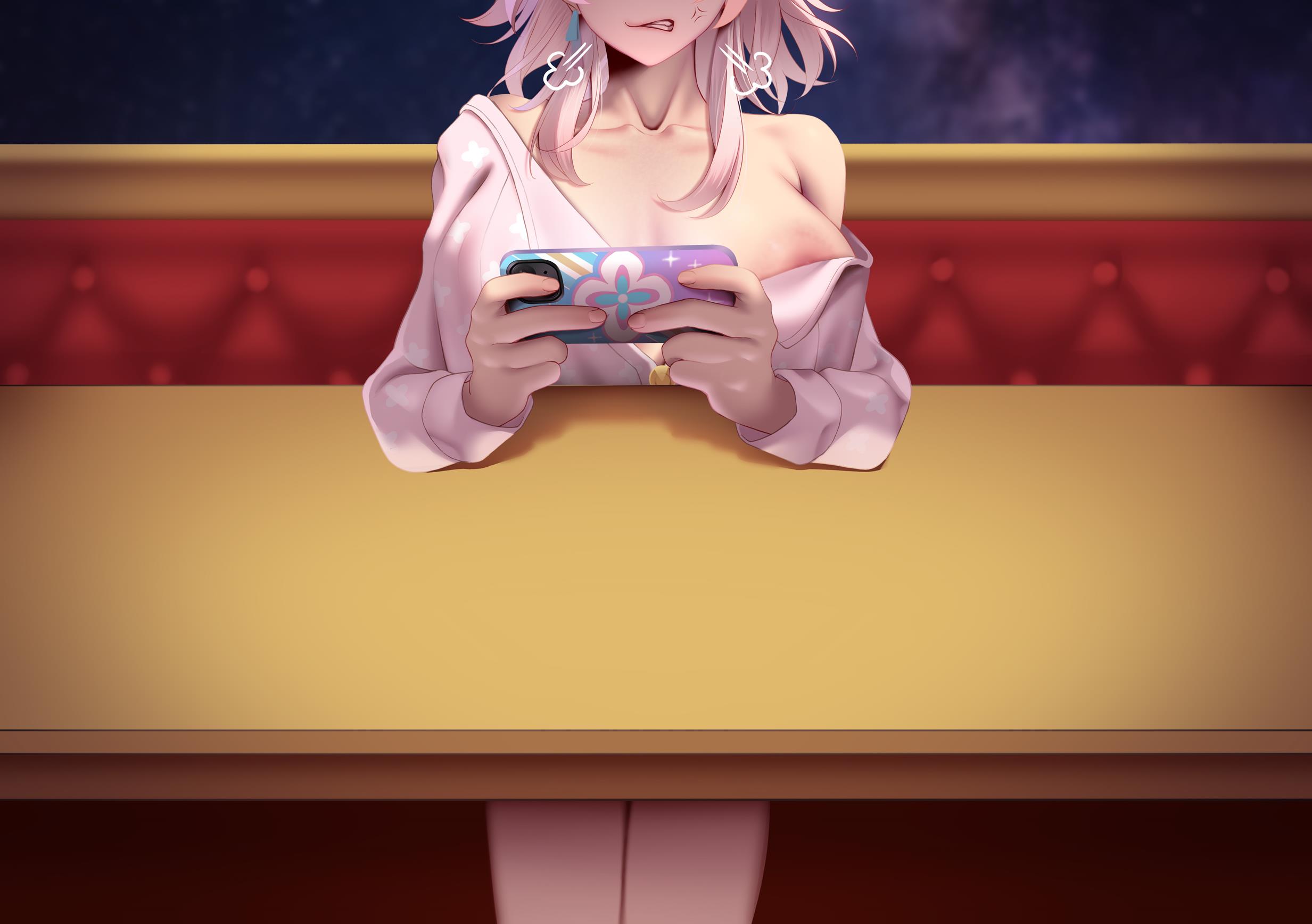 genkung, march 7th (honkai: star rail), honkai: star rail, honkai (series), highres, 1girl, alternate breast size (larger), anger vein, areola slip, breasts, breath, cellphone, clenched teeth, grey hair, holding, holding phone, large breasts, long sleeves, phone, smartphone, solo, table, teeth