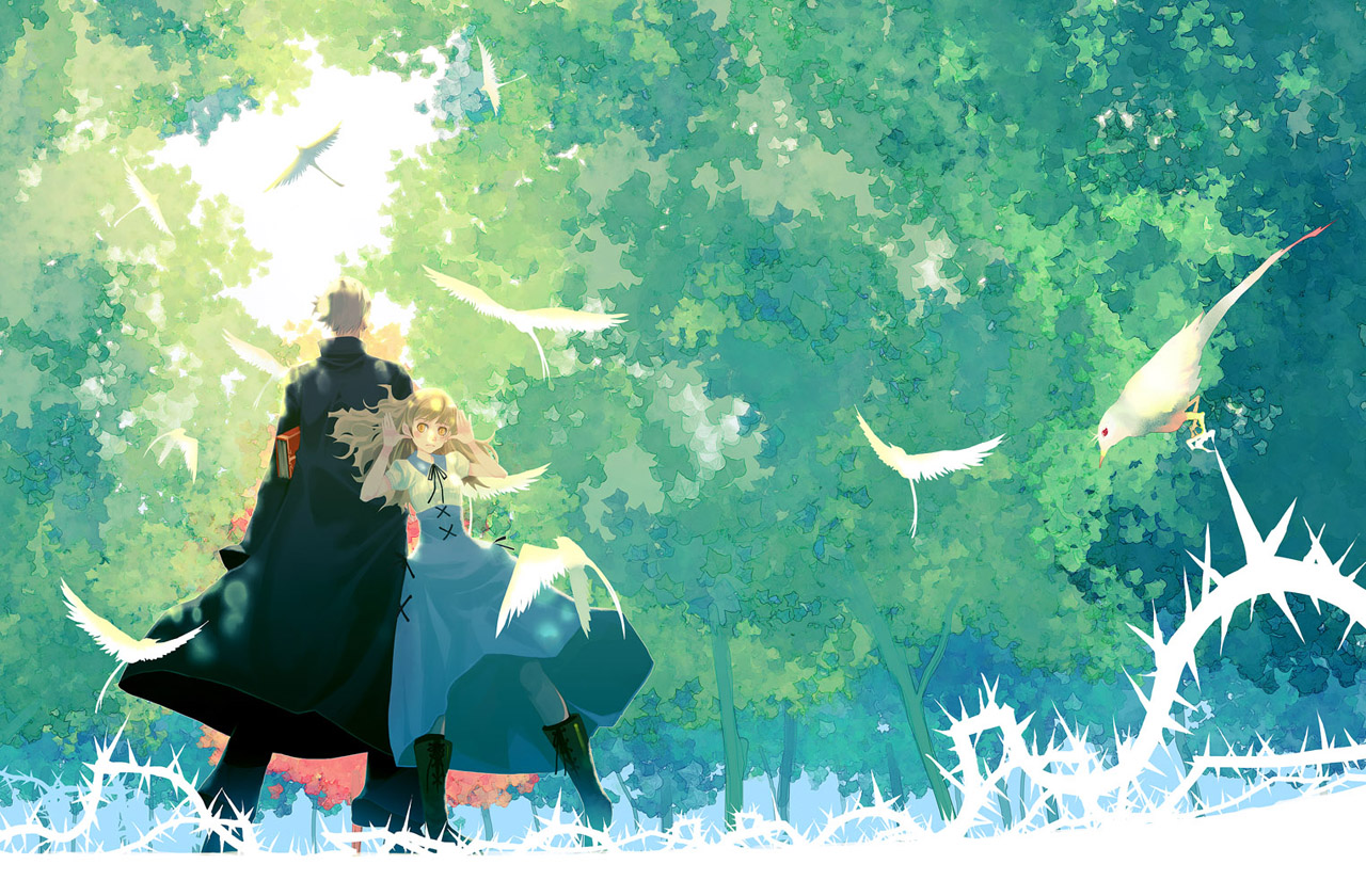 vofan, original, 1boy, 1girl, back-to-back, bird, blonde hair, book, boots, couple, dress, forest, hetero, nature, plant, silhouette, thorns, tree, vines, yellow eyes