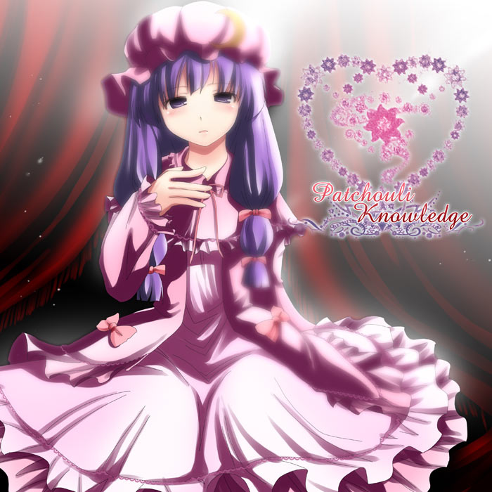namamo nanase, patchouli knowledge, touhou, 1girl, blush, character name, dress, female focus, hat, heart, long hair, purple eyes, purple hair, solo