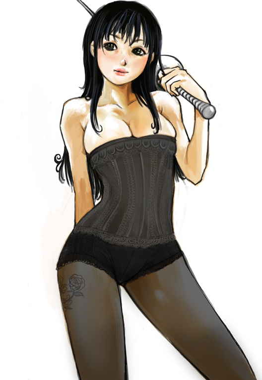 kazaana, original, bare shoulders, black eyes, black hair, breasts, cleavage, corset, lace, large breasts, long hair, pantyhose, solo, sword, weapon