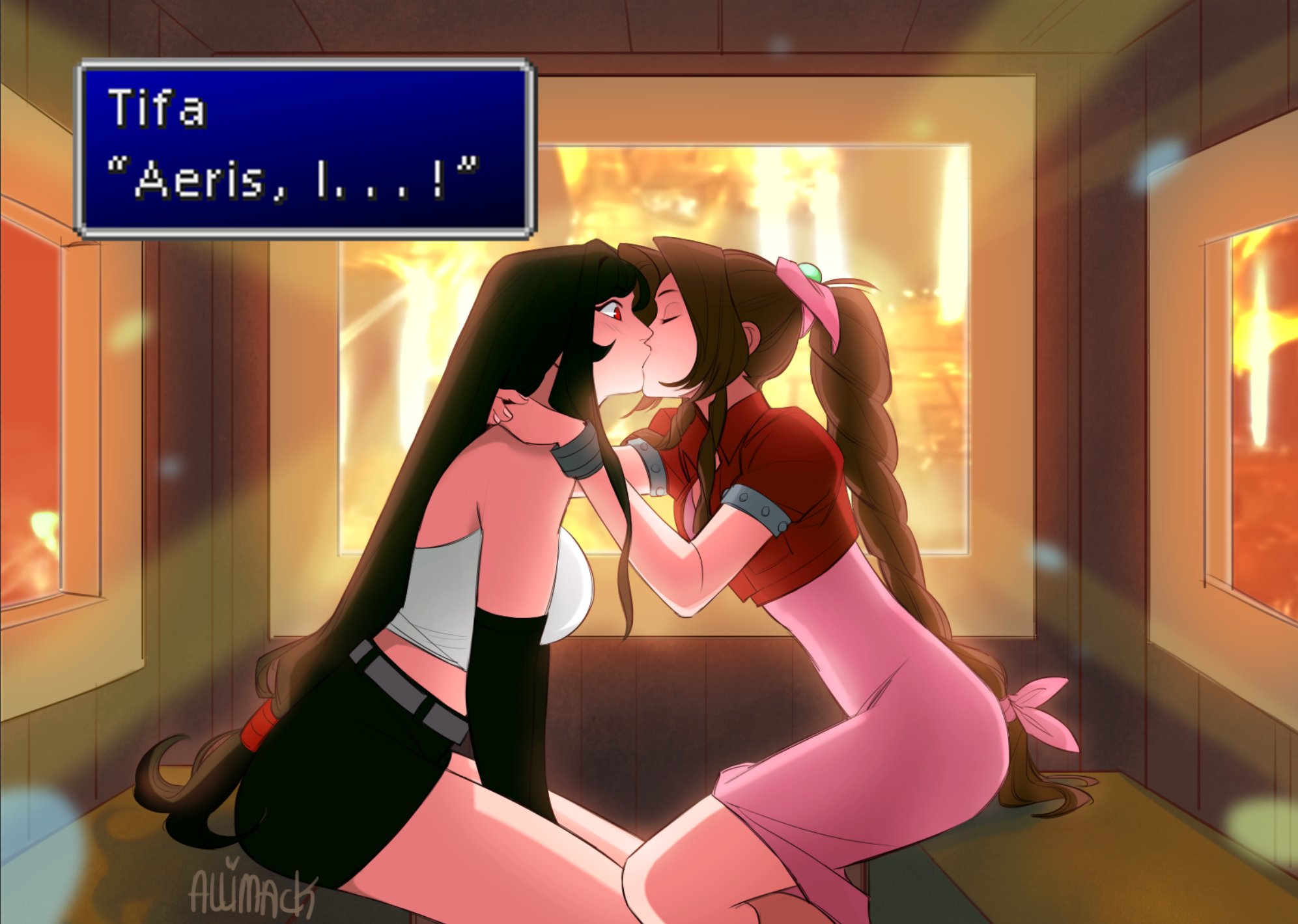 skirtzzz, aerith gainsborough, tifa lockhart, final fantasy, final fantasy vii, highres, 2girls, arms around neck, artist name, bangle, bare shoulders, belt, black gloves, black hair, black skirt, blush, bracelet, braid, braided ponytail, breasts, brown hair, character name, closed eyes, couple, crop top, cropped jacket, dialogue box, dress, elbow gloves, gloves, gondola, grey belt, hair bobbles, hair ornament, hair ribbon, hair tie, jacket, jewelry, kiss, large breasts, long dress, long hair, low-tied long hair, materia, medium breasts, midriff, miniskirt, multiple girls, parted bangs, pink dress, pink ribbon, puffy short sleeves, puffy sleeves, red eyes, red jacket, ribbon, shirt, short sleeves, sidelocks, single braid, sitting, skirt, sleeveless, sleeveless shirt, white shirt, yuri