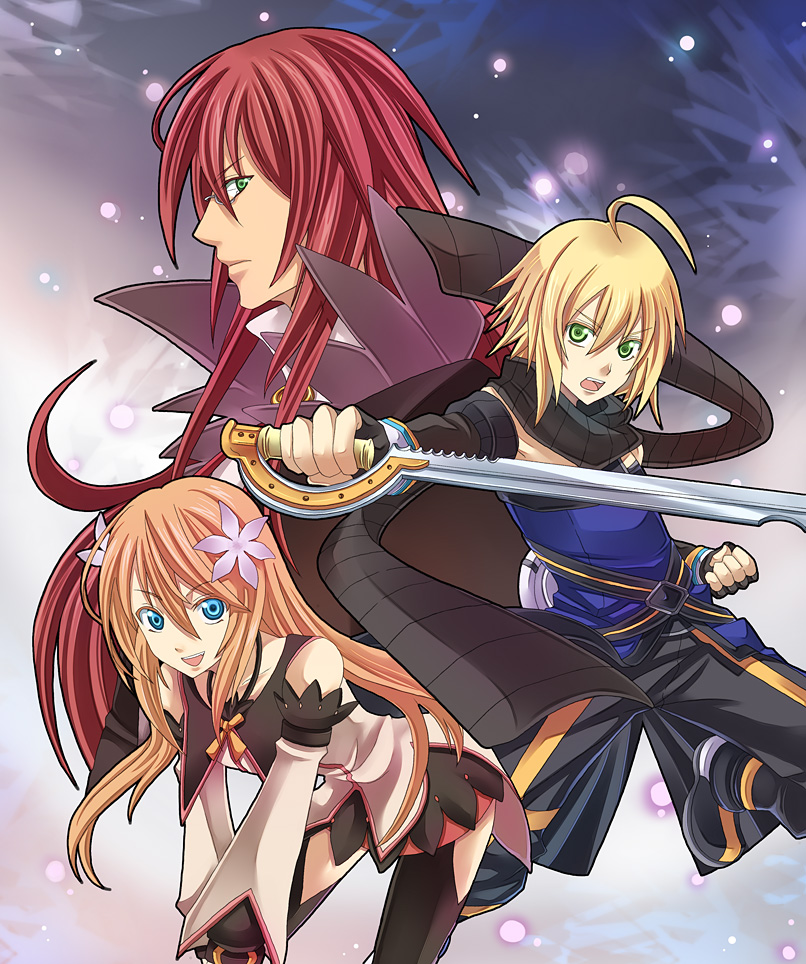 ytk, emil castagnier, marta lualdi, richter abend, tales of (series), tales of symphonia, tales of symphonia: dawn of the new world, bad id, bad pixiv id, 00s, 1girl, 2boys, blonde hair, blue eyes, brown hair, flower, glasses, gloves, green eyes, hair ornament, long hair, multiple boys, red hair, scarf, smile, sword, weapon