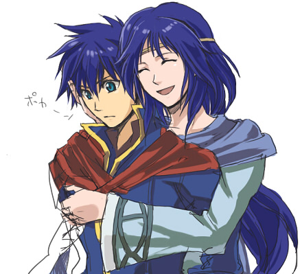 elena (fire emblem), ike (fire emblem), fire emblem, fire emblem: path of radiance, nintendo, lowres, age difference, blue eyes, blue hair, cape, circlet, hug, long hair, mother and son, smile