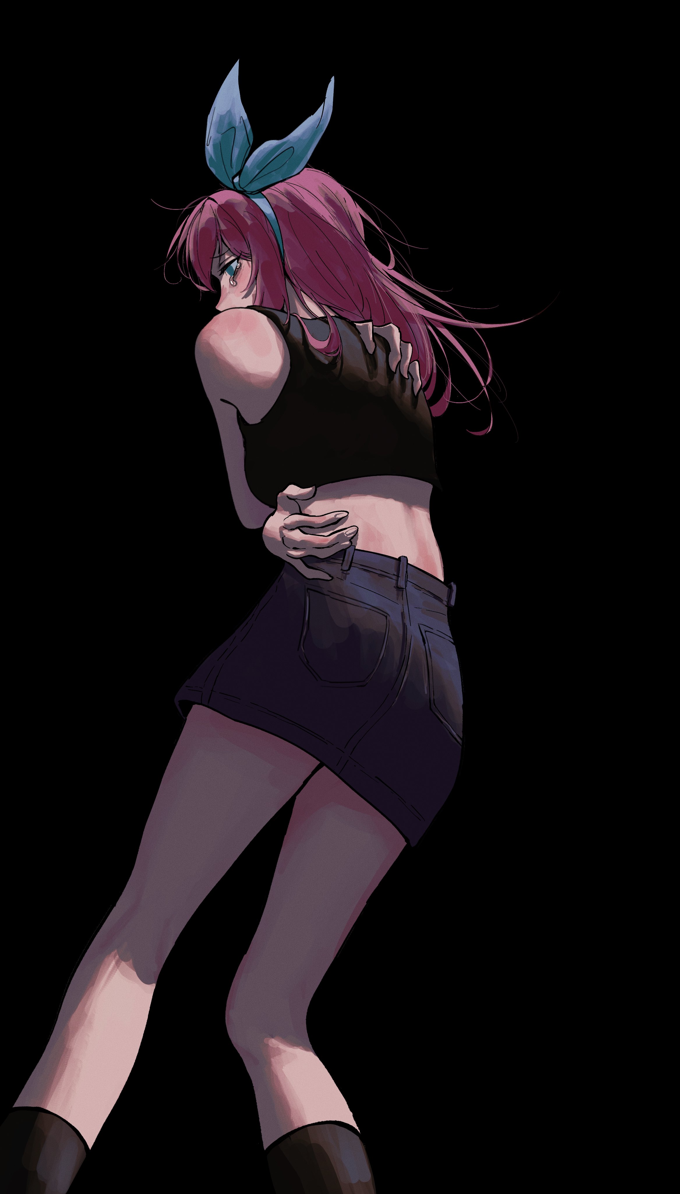 kisany, aubrey (faraway) (omori), aubrey (omori), omori, absurdres, highres, 1girl, black background, black socks, blue eyes, blue hairband, blue skirt, crop top, crying, crying with eyes open, denim, denim skirt, from behind, hairband, long hair, pink hair, self hug, simple background, skirt, socks, solo, tears