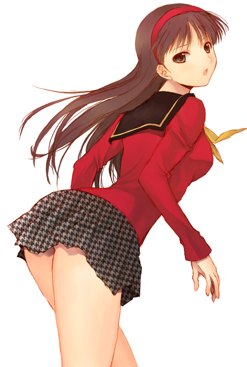 seiru (prairie), amagi yukiko, atlus, persona, persona 4, 1girl, ass, bare legs, black eyes, black hair, brown eyes, brown hair, cardigan, female focus, from behind, hair ornament, hairband, houndstooth, long hair, looking back, miniskirt, no legwear, pleated skirt, school uniform, serafuku, skirt, solo, unmoving pattern