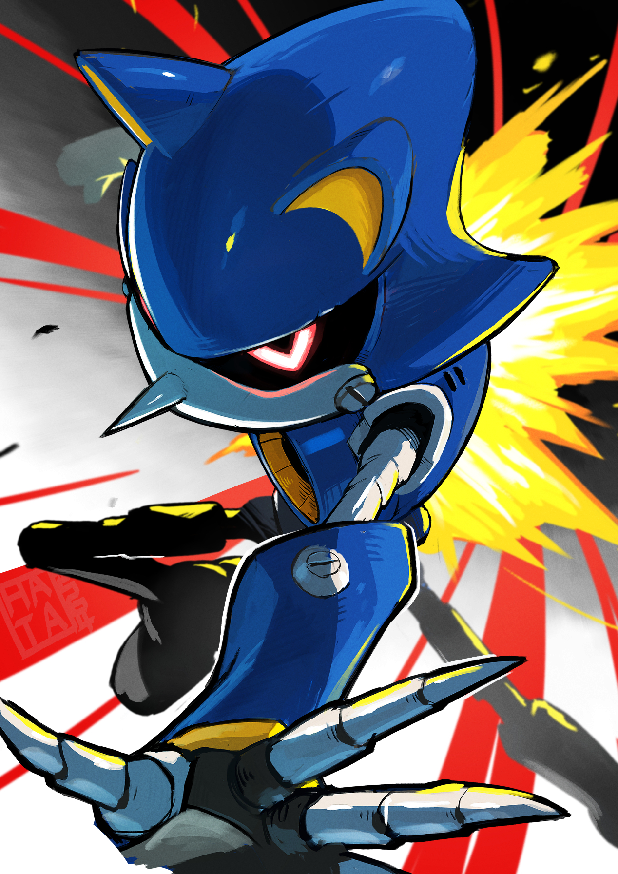 hata4564, metal sonic, sonic (series), highres, afterburner, animal ears, black sclera, claws, colored sclera, dynamic pose, fake animal ears, glowing, glowing eyes, humanoid robot, incoming attack, pointy nose, red eyes, robot, solo