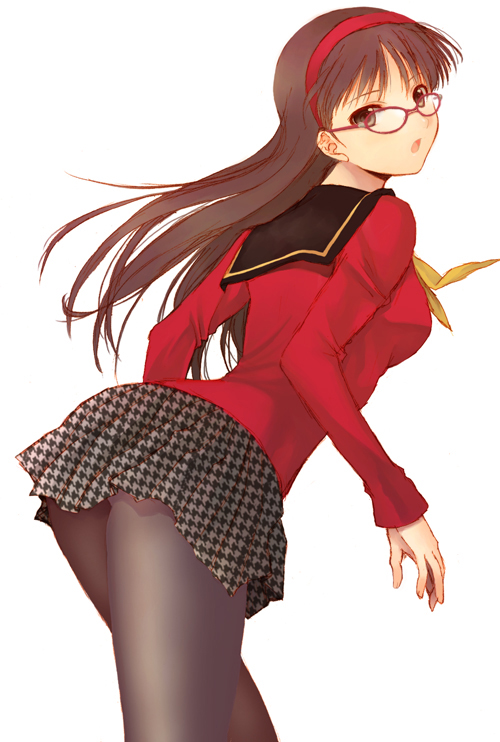seiru (prairie), amagi yukiko, atlus, persona, persona 4, 1girl, ass, brown eyes, brown hair, cardigan, female focus, glasses, hairband, headband, houndstooth, long hair, pantyhose, school uniform, serafuku, skirt, solo, unmoving pattern