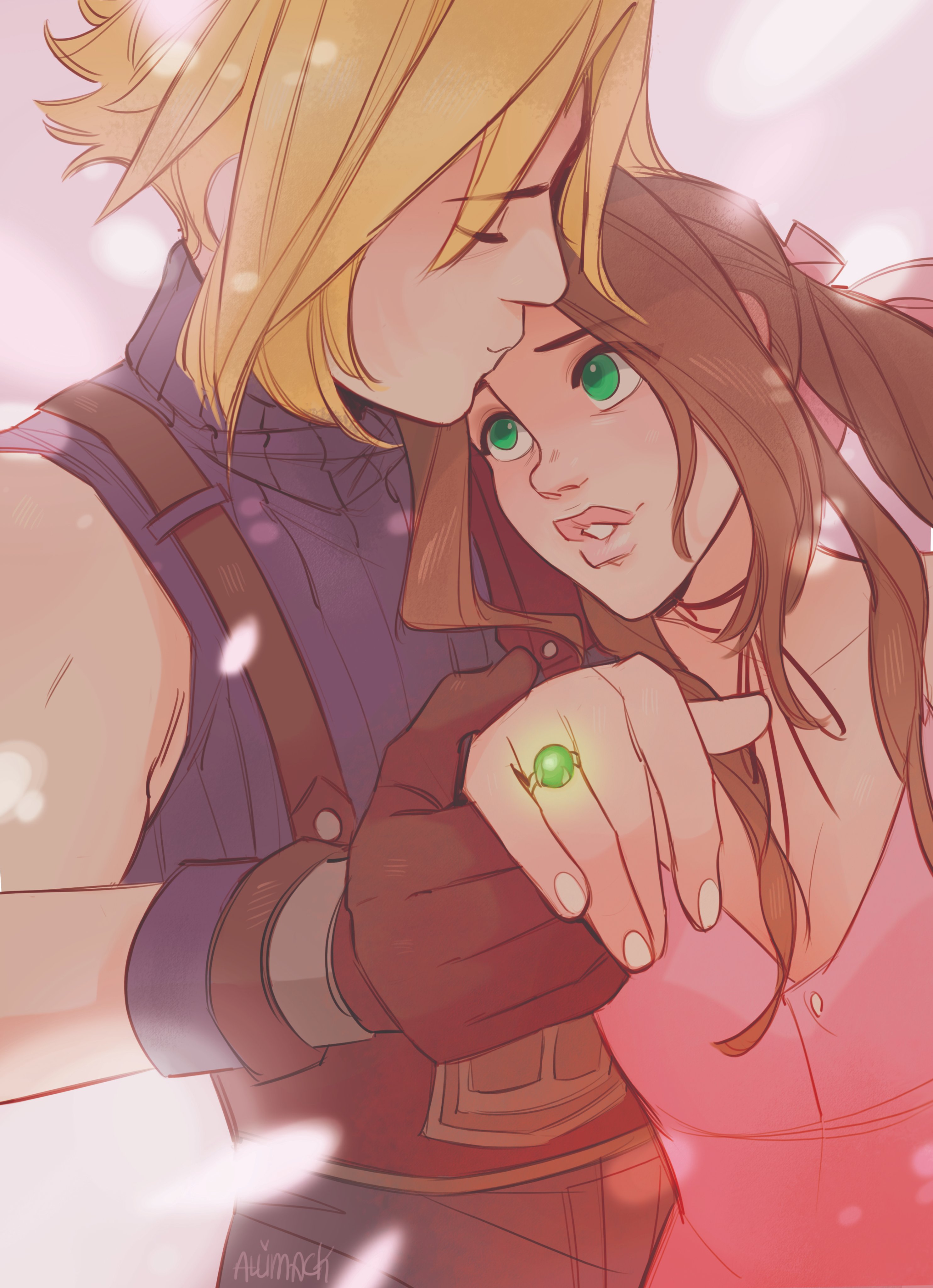 skirtzzz, aerith gainsborough, cloud strife, final fantasy, final fantasy vii, absurdres, highres, 1boy, 1girl, artist name, belt, black pants, blonde hair, blue shirt, braid, braided ponytail, breasts, brown belt, brown gloves, brown hair, choker, closed eyes, couple, dress, falling petals, gloves, green eyes, hair ribbon, hetero, holding hands, jewelry, kiss, kissing forehead, long hair, medium breasts, pants, parted bangs, parted lips, petals, pink dress, pink ribbon, ribbon, ring, shirt, short hair, sidelocks, single bare shoulder, single braid, sleeveless, sleeveless turtleneck, suspenders, turtleneck, upper body