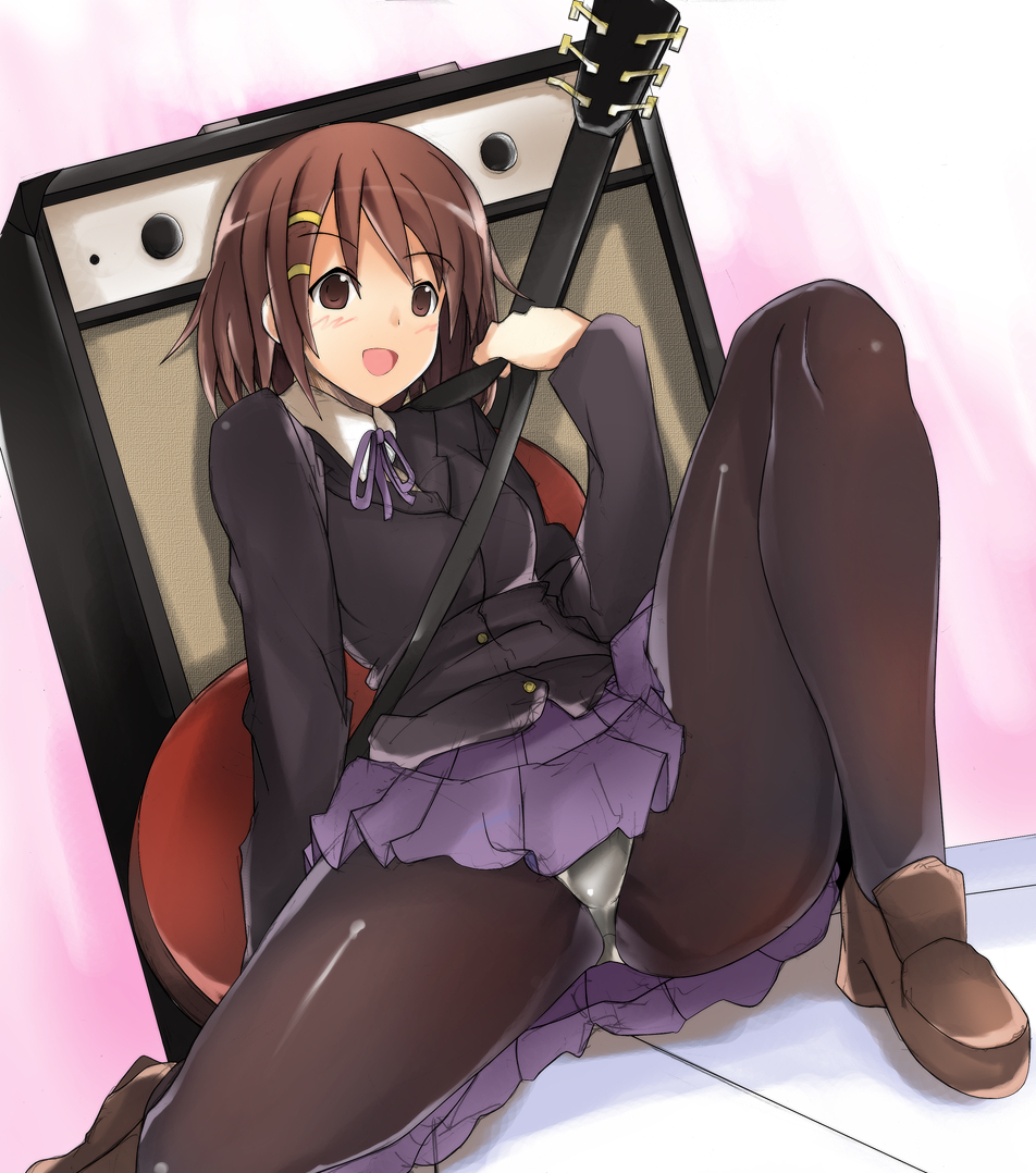 usugiri bacon, hirasawa yui, k-on!, bad id, bad pixiv id, 00s, 1girl, black pantyhose, blazer, blush, brown eyes, brown hair, female focus, guitar, hair ornament, hairclip, instrument, jacket, leaning, loafers, miniskirt, panties, panties under pantyhose, pantyhose, pantyshot, pleated skirt, ribbon, school uniform, shoes, short hair, sitting, skirt, smile, solo, spread legs, thighs, underwear, upskirt