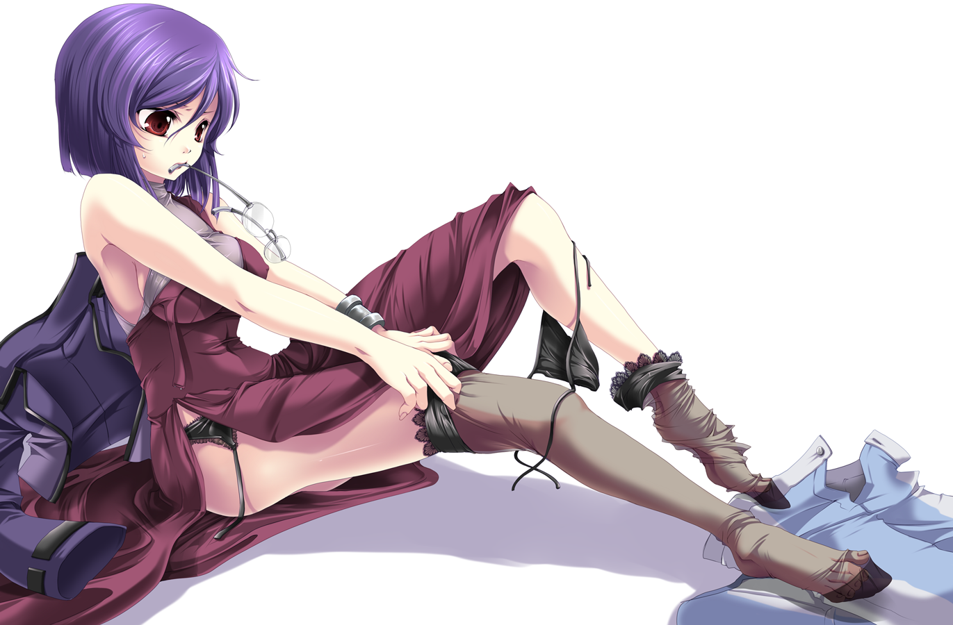 shinolion, takitsume shino, tieria erde, gundam, gundam 00, bad id, bad pixiv id, 00s, 1girl, bare shoulders, black panties, blue hair, breasts, feet, female focus, garter belt, genderswap, genderswap (mtf), glasses, legs, medium breasts, mouth hold, no shoes, panties, pants, purple hair, red eyes, see-through clothes, short hair, side-tie panties, simple background, sitting, sock pull, solo, sweatdrop, thighhighs, toes, underwear, unworn pants, white background