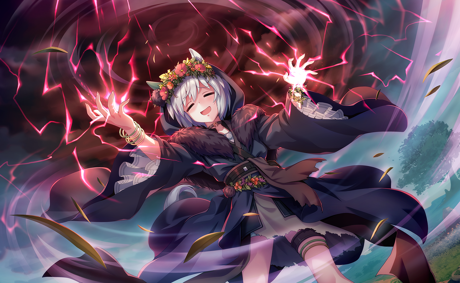 seiun sky (paint the sky red) (umamusume), seiun sky (umamusume), umamusume, artist request, game cg, official art, 1girl, = =, animal ears, belt, belt buckle, belt collar, black belt, black robe, bracelet, buckle, cloud, cloudy sky, collar, day, dress, dutch angle, ear covers, electricity, electrokinesis, feet out of frame, field, flower, flower hairband, frilled sleeves, frills, fur-trimmed robe, fur trim, gold bracelet, gold buckle, grass, grey dress, grey hair, hair between eyes, happy, hood, hood up, hooded robe, horse ears, horse girl, horse tail, horseshoe ornament, jewelry, leaf, light particles, long sleeves, looking ahead, multiple bracelets, official alternate costume, open mouth, outdoors, palms, raised inner eyebrows, red flower, robe, shaded face, short dress, short hair, single ear cover, sky, smile, solo, standing, storm, tail, thigh strap, thighlet, torn clothes, torn dress, tree, wide sleeves, wind