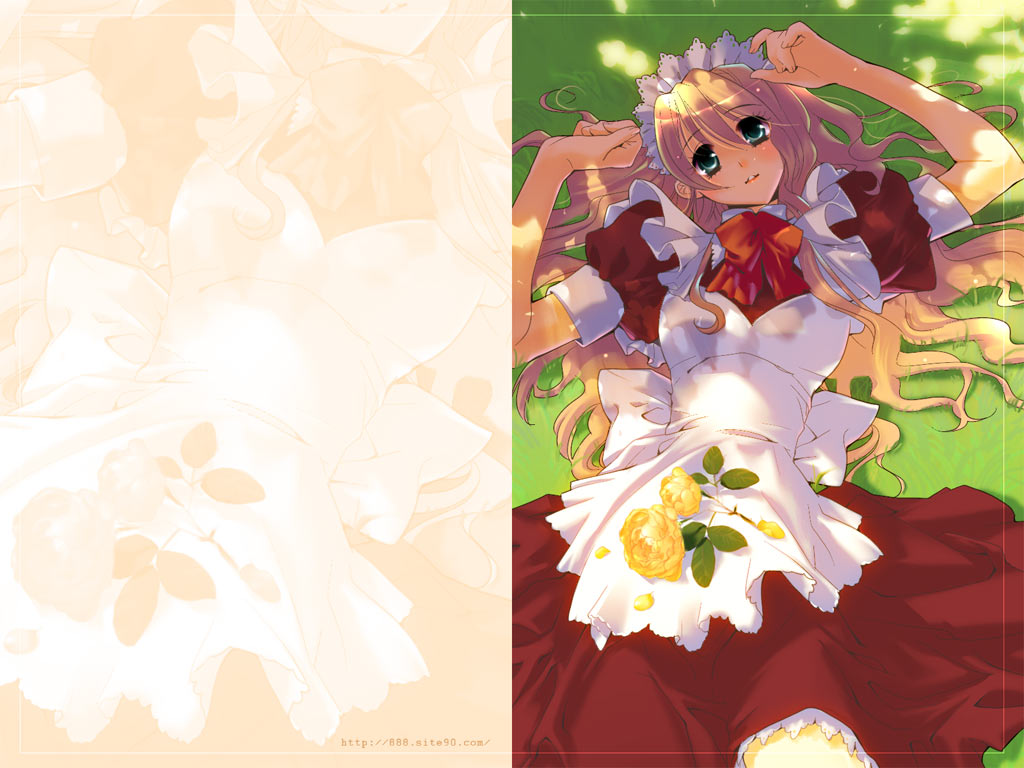 888, original, blonde hair, blue eyes, flower, lying, maid, solo