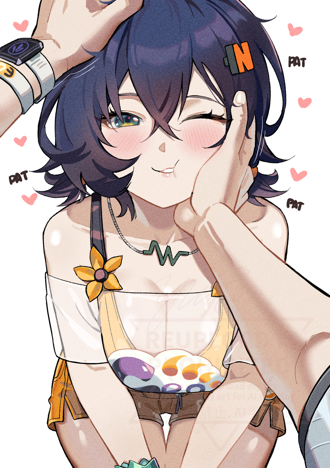 yusi vishnu, belle (summer skies) (zenless zone zero), belle (zenless zone zero), wise (peaceful waves) (zenless zone zero), wise (zenless zone zero), zenless zone zero, commentary, english commentary, highres, 1boy, 1girl, bare shoulders, bikini, bikini top under shirt, bikini under clothes, blue hair, blush, bracelet, breasts, breasts squeezed together, brother and sister, cheek press, collarbone, green eyes, hair between eyes, hair ornament, hand on another's cheek, hand on another's face, headpat, heart, implied incest, jewelry, leaning forward, letter hair ornament, looking at viewer, necklace, off-shoulder shirt, off shoulder, official alternate costume, one eye closed, orange shorts, pov, pov hands, see-through clothes, see-through shirt, shirt, short hair, shorts, siblings, sound effects, sphere hair ornament, swimsuit, two-tone one-piece swimsuit, watch, wristwatch
