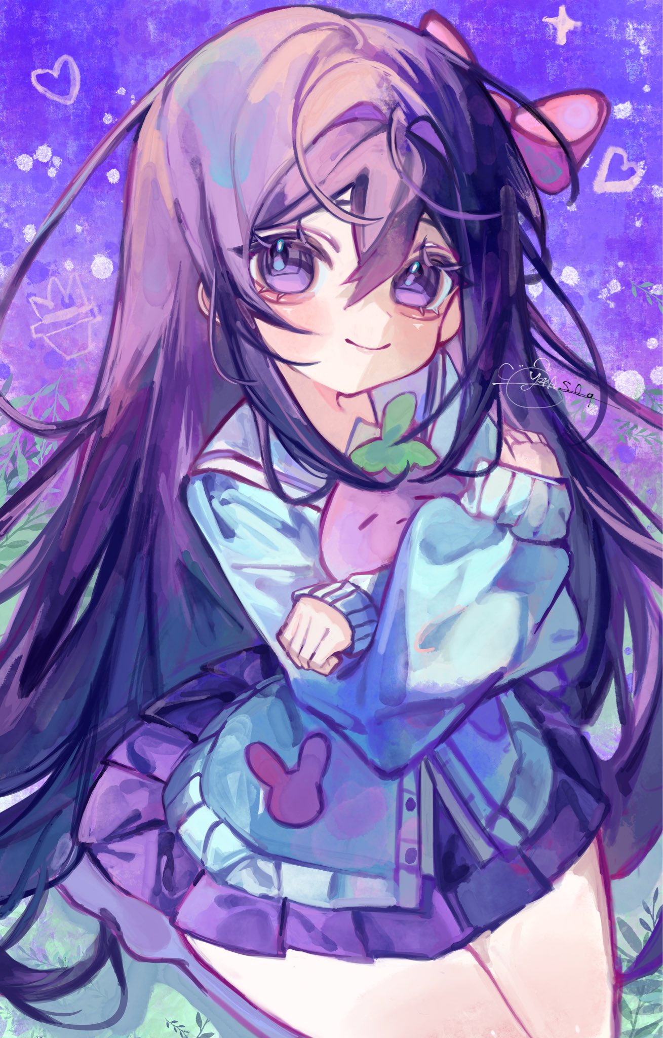 yena s, aubrey (headspace) (omori), aubrey (omori), mr. plantegg (omori), omori, highres, 1girl, alternate costume, blue cardigan, blush, bow, cardigan, closed mouth, double-parted bangs, hair between eyes, holding, holding stuffed toy, long hair, long sleeves, looking at viewer, pink bow, pleated skirt, purple eyes, purple hair, purple skirt, purple sky, skirt, sky, smile, solo, stuffed animal, stuffed eggplant, stuffed toy