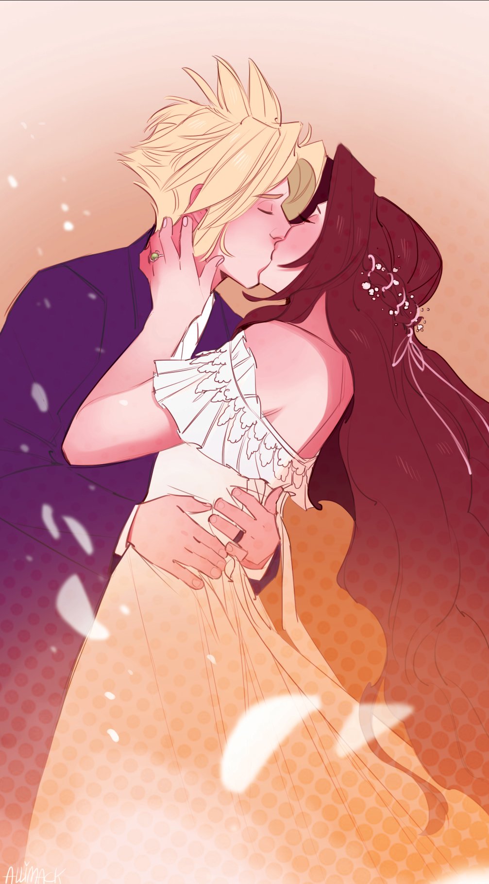 skirtzzz, aerith gainsborough, cloud strife, final fantasy, final fantasy vii, highres, 1boy, 1girl, alternate costume, arms around waist, bare shoulders, black jacket, blonde hair, blush, bride, brown hair, closed eyes, couple, dress, falling petals, groom, hair ornament, hand in another's hair, hetero, jacket, jewelry, kiss, long dress, long hair, off-shoulder dress, off shoulder, parted bangs, petals, ring, short hair, sidelocks, spiked hair, suit jacket, wavy hair, wedding, wedding dress, wedding ring, white dress