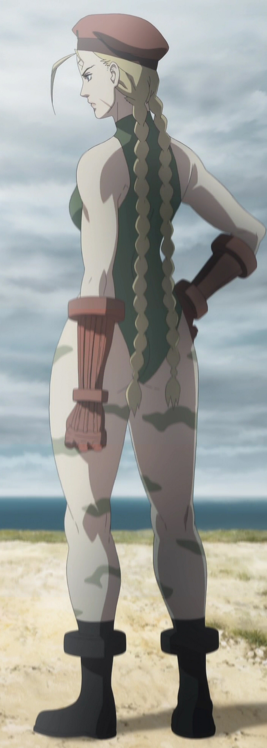 cammy white, capcom, street fighter, street fighter iv (series), street fighter iv aratanaru kizuna, anime screenshot, highres, long image, tall image, 1girl, ass, beret, braid, female focus, hat, leotard, solo