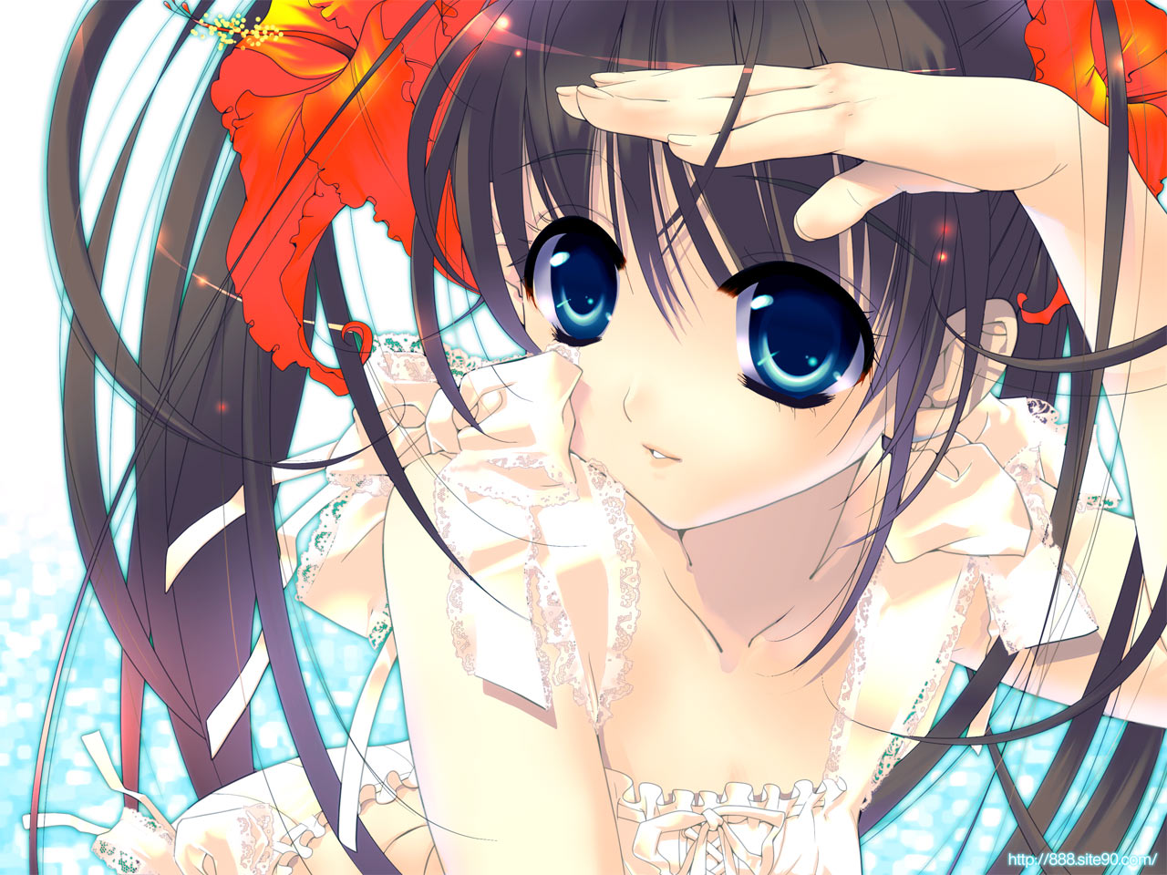 888, original, eyebrows, 1girl, ahoge, blue eyes, bow, brown hair, female focus, flower, frills, hair flower, hair ornament, hibiscus, lace, long hair, looking at viewer, ocean, ribbon, solo, twintails, very long hair, watermark, web address, web address without path