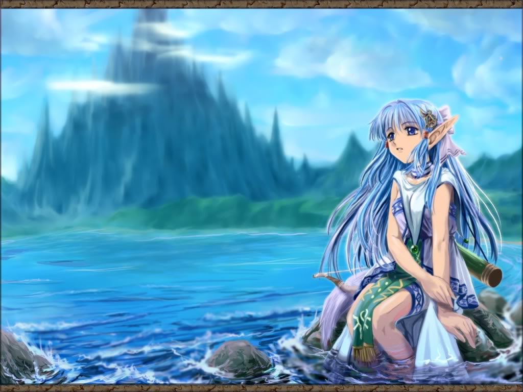 olha (ys), ys, ys vi, bad tag, tagme, blue eyes, blue hair, bow (weapon), long hair, mountain, pointy ears, quiver, rehda, sitting, water, weapon