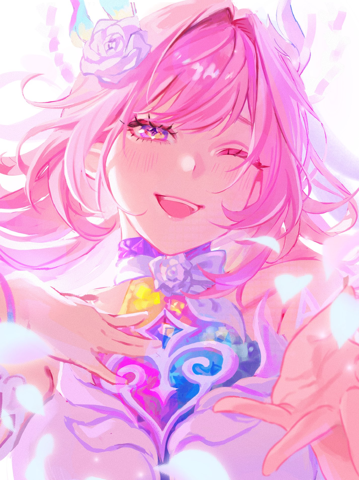 cyrene (honkai: star rail), cyrene (ripples of past reverie) (honkai: star rail), honkai: star rail, honkai (series), highres, bare shoulders, blush, breasts, detached sleeves, large breasts, long hair, one eye closed, open mouth, pink hair, purple eyes, starlight i plz, upper body