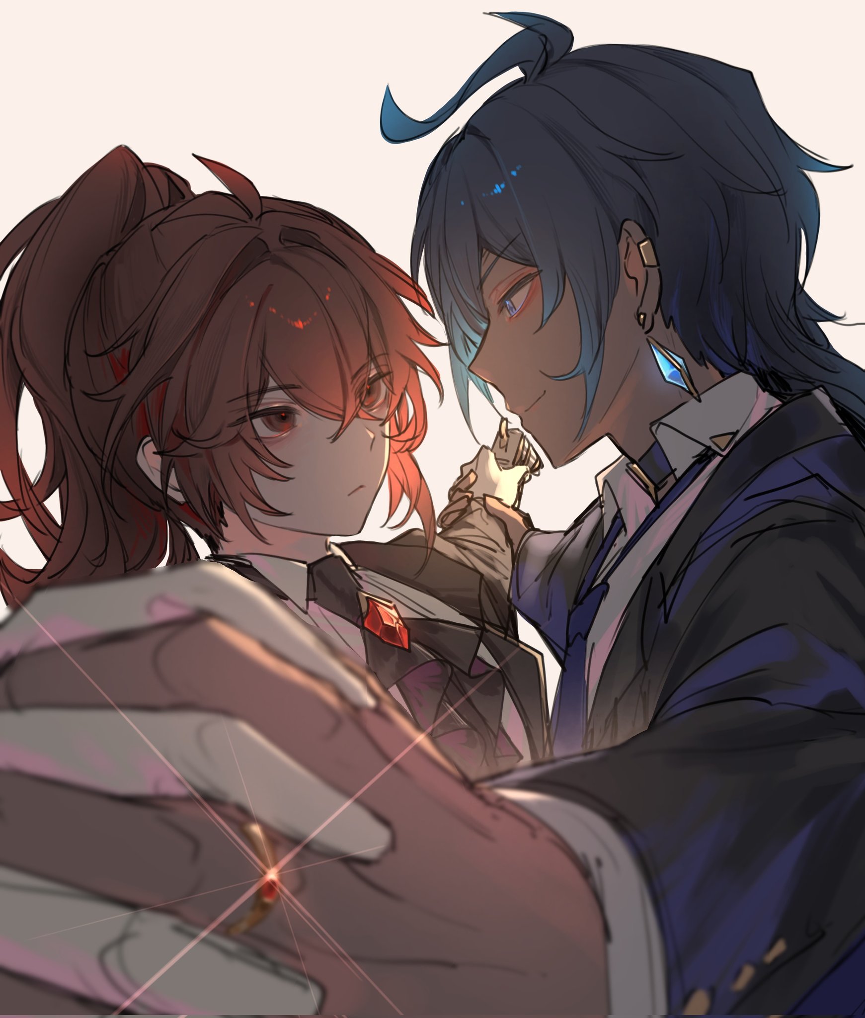 zehuij, diluc (genshin impact), kaeya (genshin impact), genshin impact, highres, 2boys, blue eyes, blue hair, closed mouth, dancing, dark-skinned male, dark skin, ear piercing, earrings, from side, girly boy, glint, hair between eyes, high ponytail, holding hands, inseki, jewelry, long hair, male focus, multiple boys, piercing, ponytail, red eyes, red hair, smile, step-siblings, upper body, yaoi