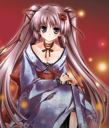lowres, blush, breasts, cleavage, flower, flute, hair ribbon, instrument, japanese clothes, kimono, long hair, purple eyes, purple hair, ribbon, rose, sitting, smile