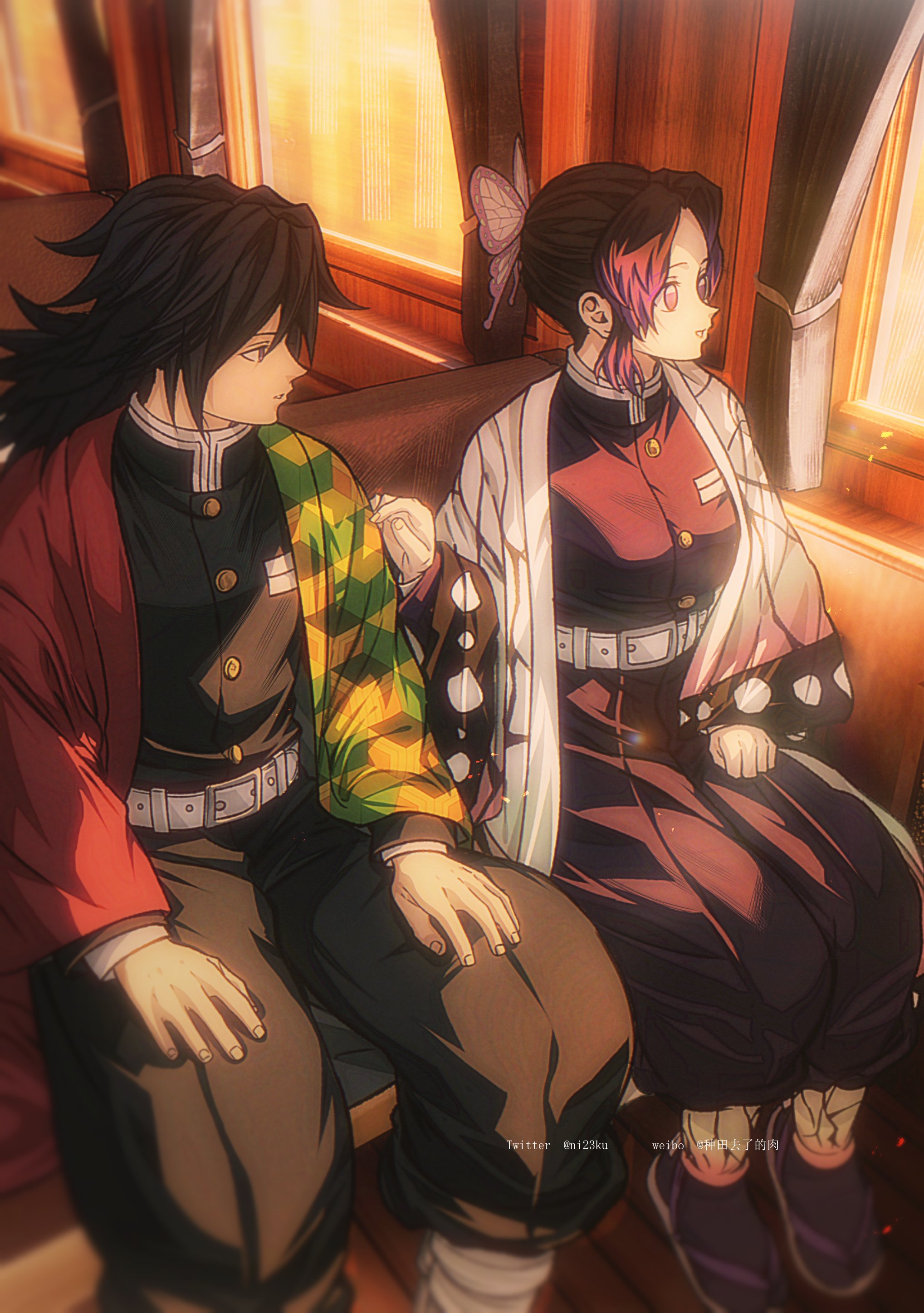niku (ni23ku), kochou shinobu, tomioka giyuu, kimetsu no yaiba, absurdres, highres, 1boy, 1girl, animal print, belt, black hair, black jacket, black pants, breasts, butterfly hair ornament, butterfly print, butterfly print haori, curtains, demon slayer uniform, gold buttons, hair between eyes, hair ornament, hakama, hakama pants, hand on another's shoulder, haori, jacket, japanese clothes, long hair, low ponytail, medium breasts, pants, parted bangs, parted lips, ponytail, print haori, purple hair, sandals, sidelocks, sitting, tabi, train interior, upper body, white belt, window
