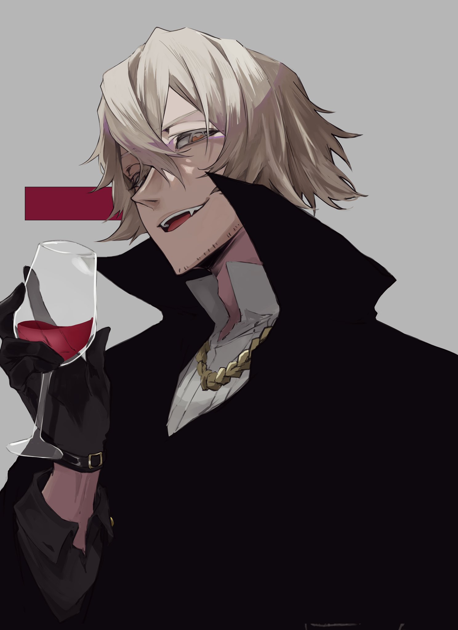 ui 1231, urahara kisuke, bleach, highres, 1boy, alcohol, blonde hair, blood, cape, cup, drinking blood, drinking glass, facial hair, fangs, gloves, hair between eyes, halloween, halloween costume, holding, long sleeves, looking at viewer, male focus, open mouth, shirt, short hair, smile, solo, vampire costume, wine, wine glass, yellow eyes