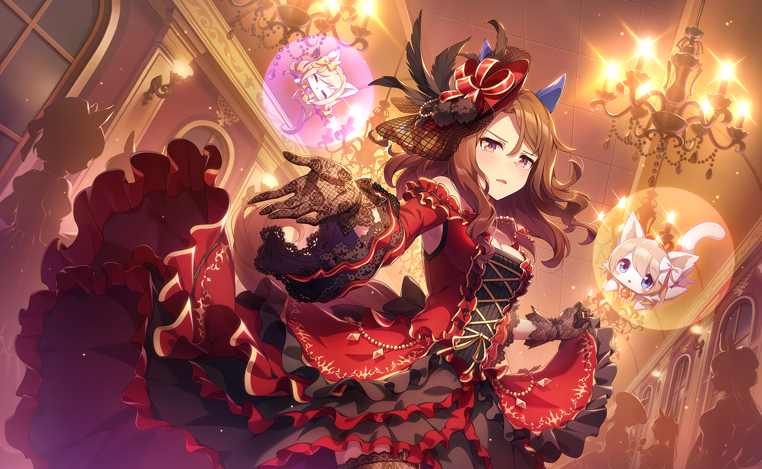 king halo (tonight we waltz) (umamusume), king halo (umamusume), umamusume, artist request, game cg, official art, 1girl, animal ears, armpit cutout, black dress, black gloves, black veil, bow, breasts, brown hair, cat, chandelier, cleavage, clothing cutout, cross-laced clothes, cross-laced dress, dress, ear covers, eyelashes, feet out of frame, fishnet veil, floating clothes, floating hair, floral print, formal clothes, frilled dress, frills, frown, furrowed brow, gloves, gown, hair between eyes, hallway, hat, hat bow, hat feather, horse ears, horse girl, indoors, lace, lace-trimmed sleeves, lace gloves, lace trim, layered dress, light blush, light particles, long dress, long hair, long sleeves, medium breasts, mini hat, night, off-shoulder dress, off shoulder, official alternate costume, one side up, open mouth, outstretched hand, people, print gloves, red bow, red dress, red eyes, red hat, rose print, skirt hold, solo focus, sparkle, unamused, veil, wavy hair, wide sleeves, window