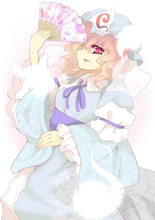 uruu gekka, saigyouji yuyuko, touhou, bad id, bad pixiv id, 1girl, dress, female focus, folding fan, gradient background, hand fan, hat, japanese clothes, kimono, pink eyes, pink hair, ribbon, short hair, solo, white background